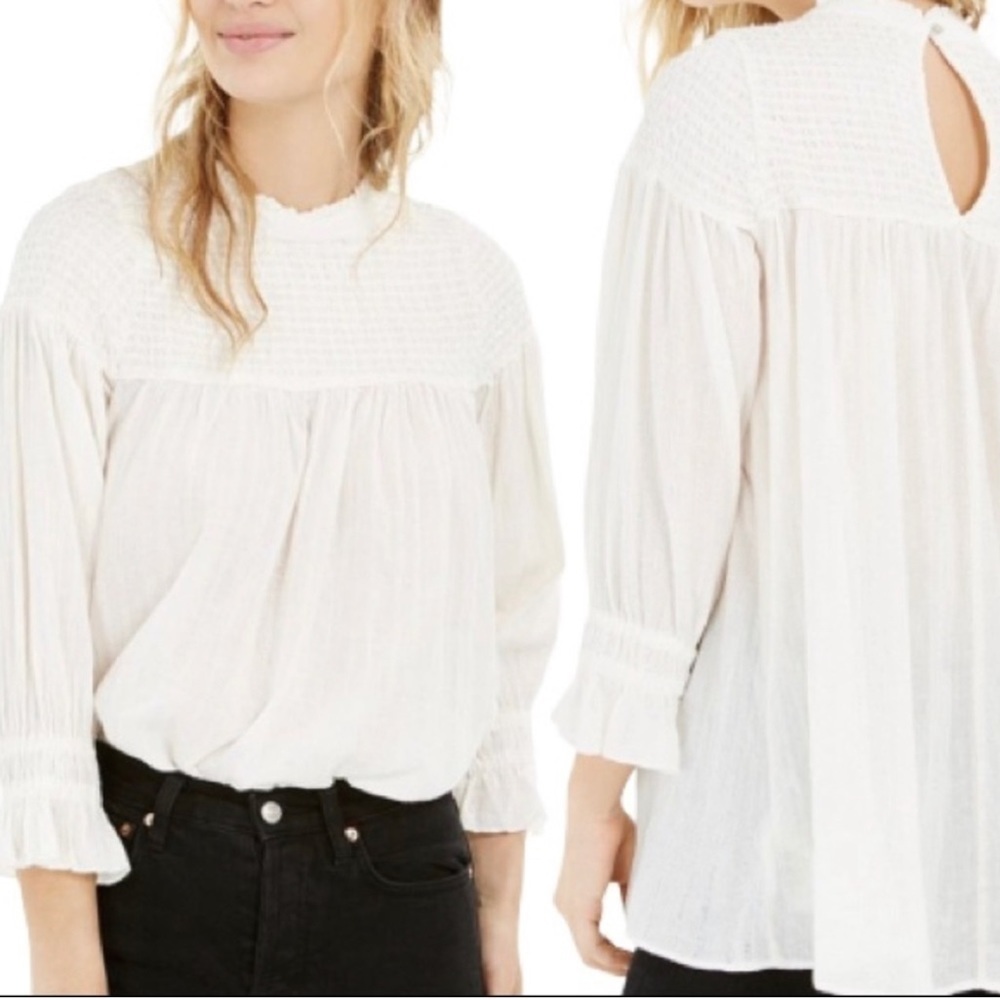 Free People Obi Mila White cream long sleeve smocked cotton blouse top large